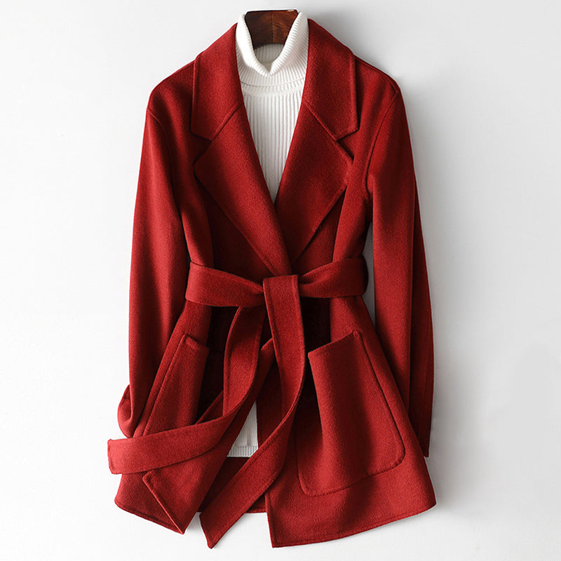 Women's Wool Coat - Tailored Fit - Belted Wrap Closure - Mid-Length Elegant Design
