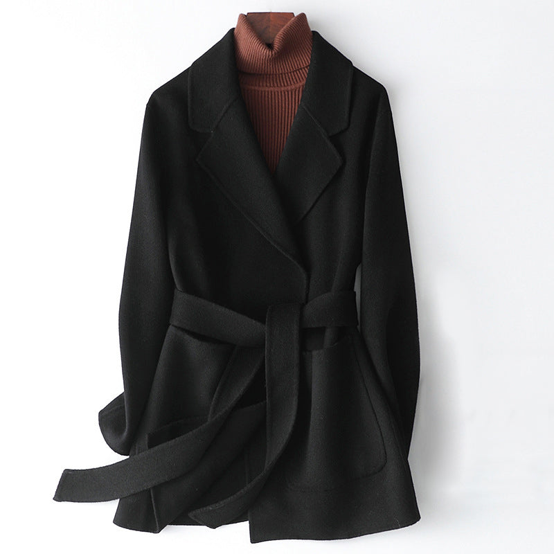 Women's Wool Coat - Tailored Fit - Belted Wrap Closure - Mid-Length Elegant Design