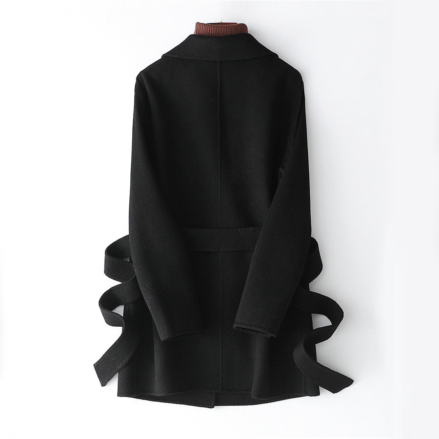 Women's Wool Coat - Tailored Fit - Belted Wrap Closure - Mid-Length Elegant Design