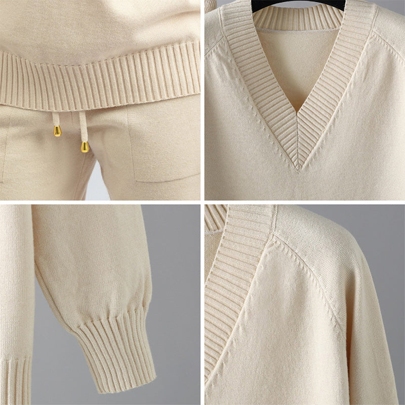 Women’s Loungewear Set – V-Neck Sweater – Drawstring Joggers – Ribbed Trim – Relaxed Fit