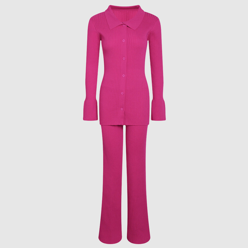 Women’s Knit Set – Ribbed Cardigan Top with Collared Neck – Matching Flared Pants
