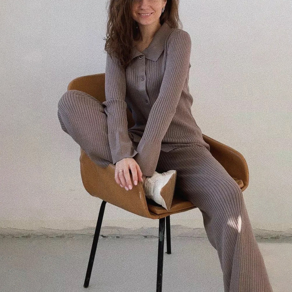 Women’s Knit Set – Ribbed Cardigan Top with Collared Neck – Matching Flared Pants