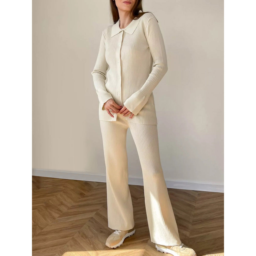 Women’s Knit Set – Ribbed Cardigan Top with Collared Neck – Matching Flared Pants