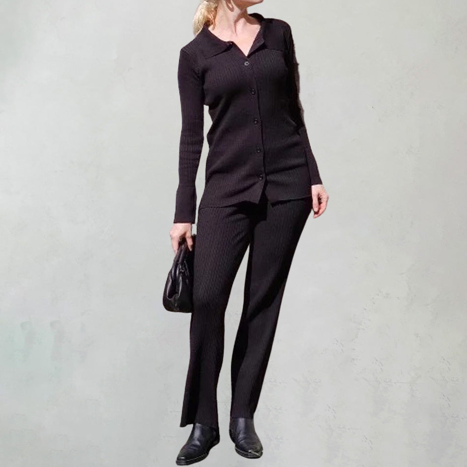 Women’s Knit Set – Ribbed Cardigan Top with Collared Neck – Matching Flared Pants
