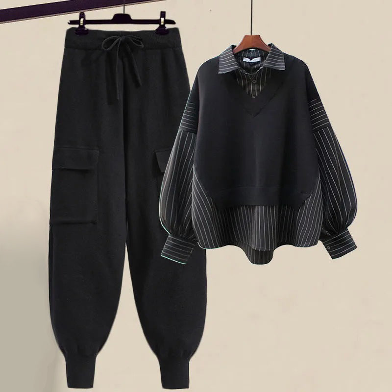 Women’s Two-Piece Set – Layered V-Neck Top with Balloon Sleeves – Cargo Jogger Pants