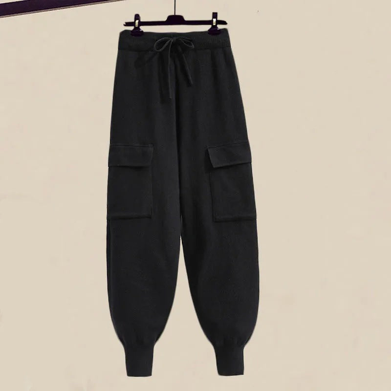 Women’s Two-Piece Set – Layered V-Neck Top with Balloon Sleeves – Cargo Jogger Pants