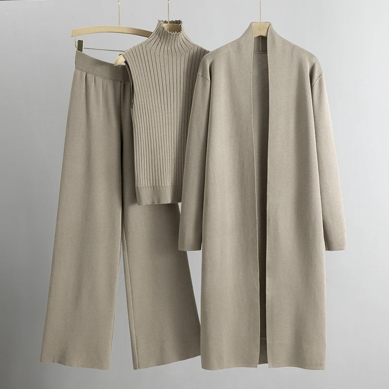 Women’s 3-Piece Lounge Set - Sleeveless Ribbed Top - Wide-Leg Pants - Long Open-Front Coat