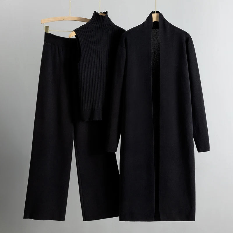 Women’s 3-Piece Lounge Set - Sleeveless Ribbed Top - Wide-Leg Pants - Long Open-Front Coat