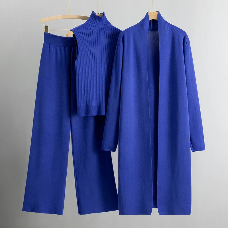 Women’s 3-Piece Lounge Set - Sleeveless Ribbed Top - Wide-Leg Pants - Long Open-Front Coat