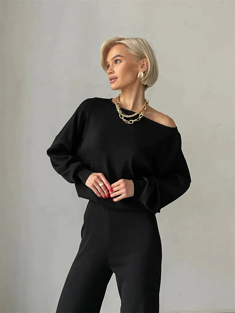 Women's knitted oblique shoulder and pants set
