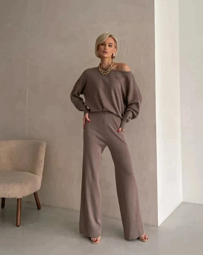 Women's knitted oblique shoulder and pants set
