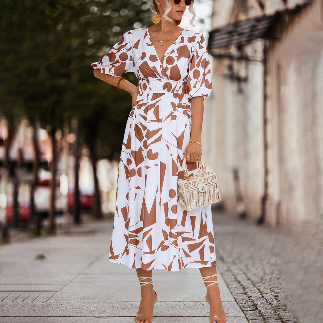 Women's Midi Dress - A-Line Silhouette - V-Neck - Short Puff Sleeves - Cinched Waist