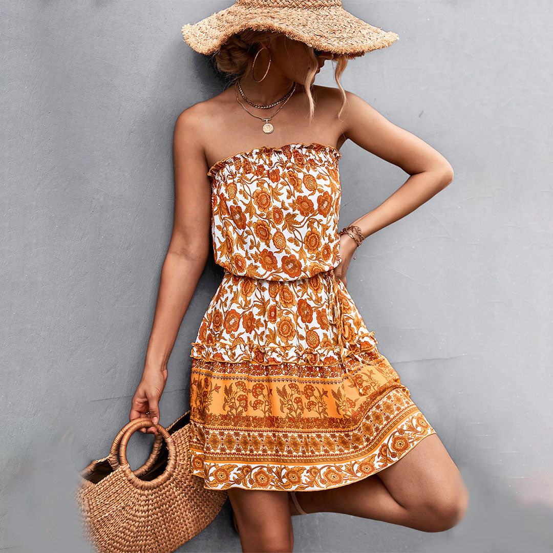 Women's Strapless Sundress - Floral Print - Cinched Waist - Flowy Casual Dress