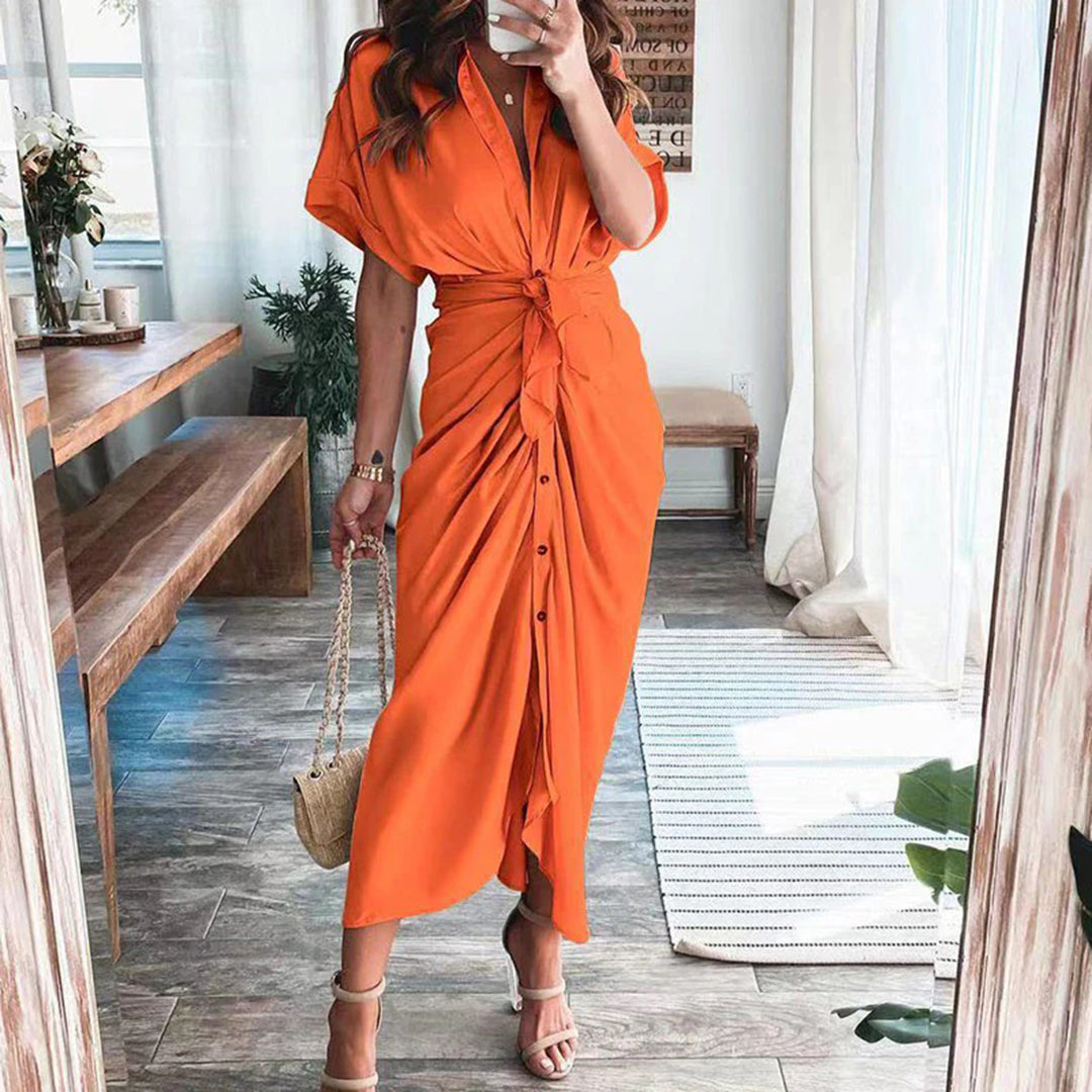 Women's Midi Wrap Dress - Button Down - Waist Tie - Short Sleeve Flowy Fit