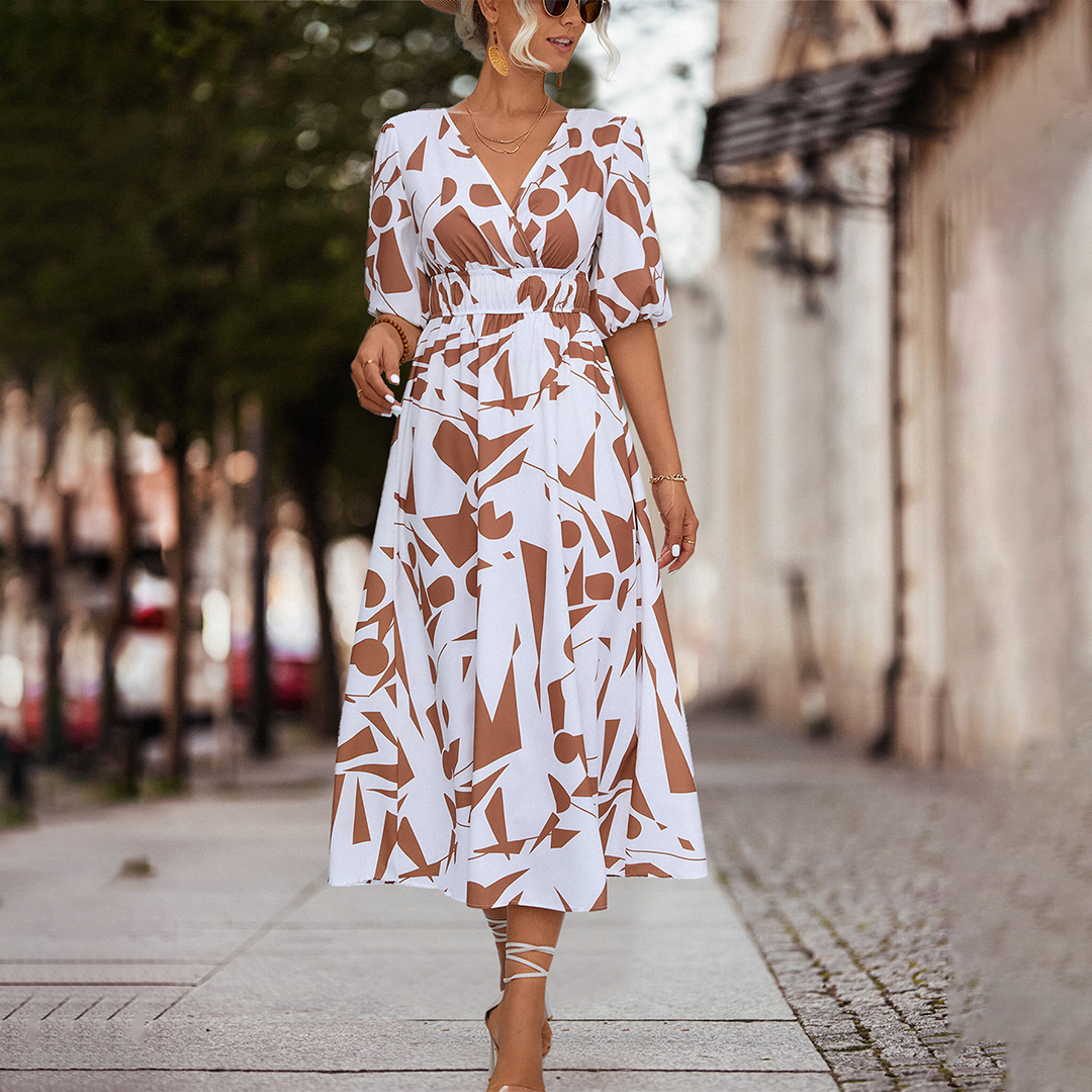 Women's Midi Dress - A-Line Silhouette - V-Neck - Short Puff Sleeves - Cinched Waist