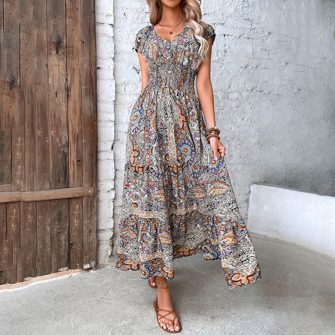 Women's Maxi Dress - Fit-and-Flare - V-Neck - Cap Sleeves - Smocked Bodice - Tiered Skirt
