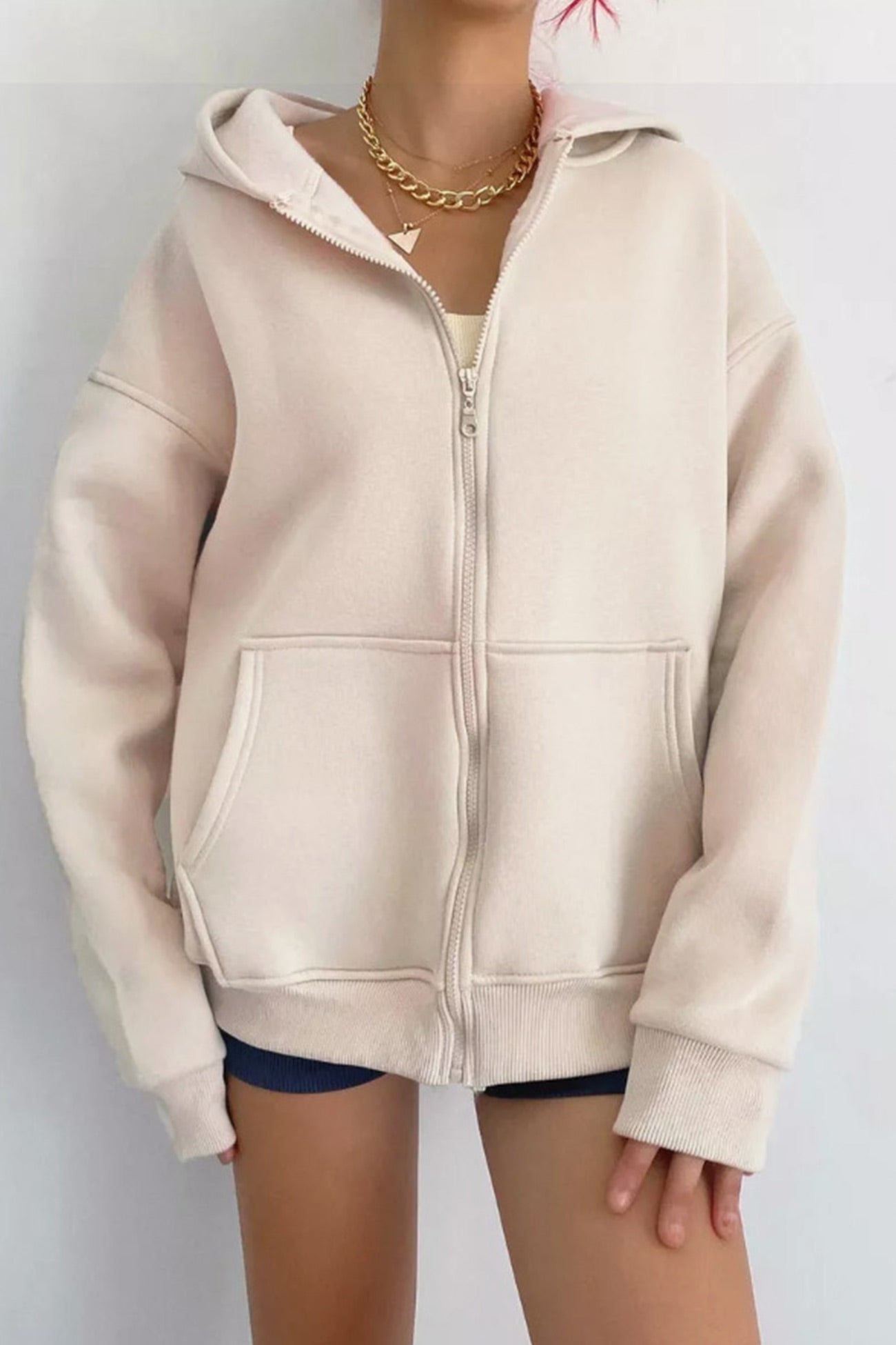 Women's oversized solid zip-up hoodie with pockets