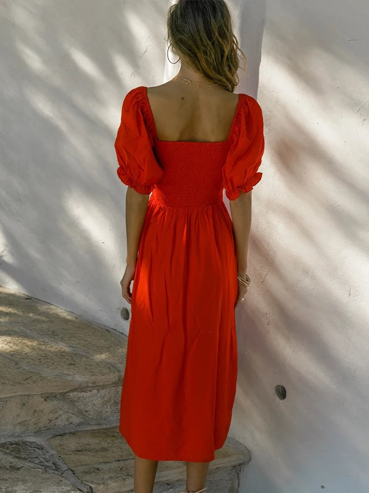 Women’s Off-Shoulder Dress – Smocked Bodice – Puff Sleeves – Side Slit – Elegant Fit