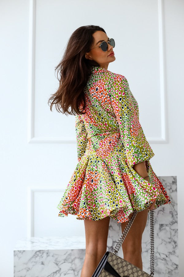 Women's V-Neck Dress - Fitted Waist with Tie - Flared Three-Quarter Sleeve - Flowing Skirt
