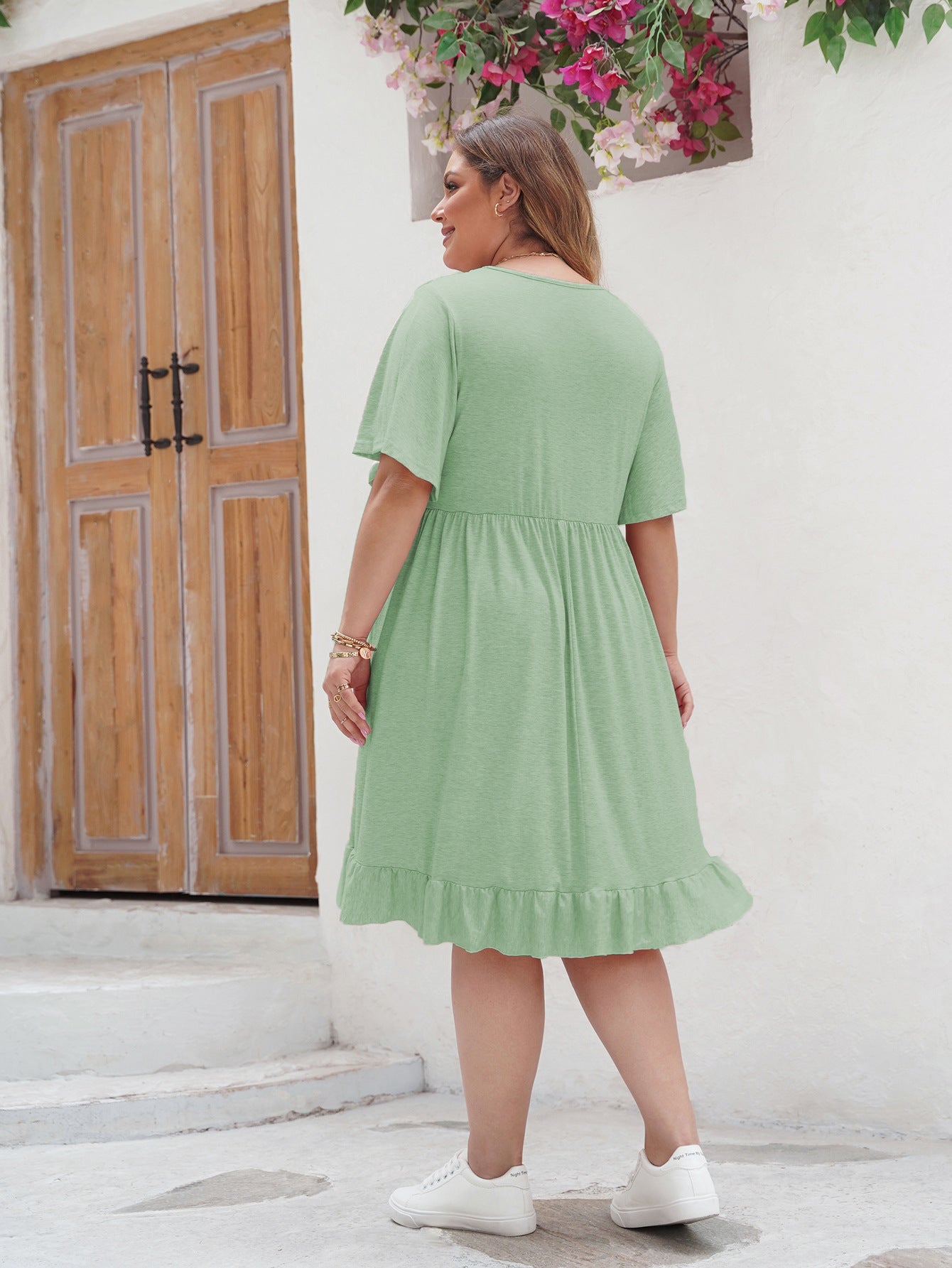 Women's A-Line Dress - Lace Detail - Short Sleeve - Ruffle Hem - Knee-Length Casual Wear
