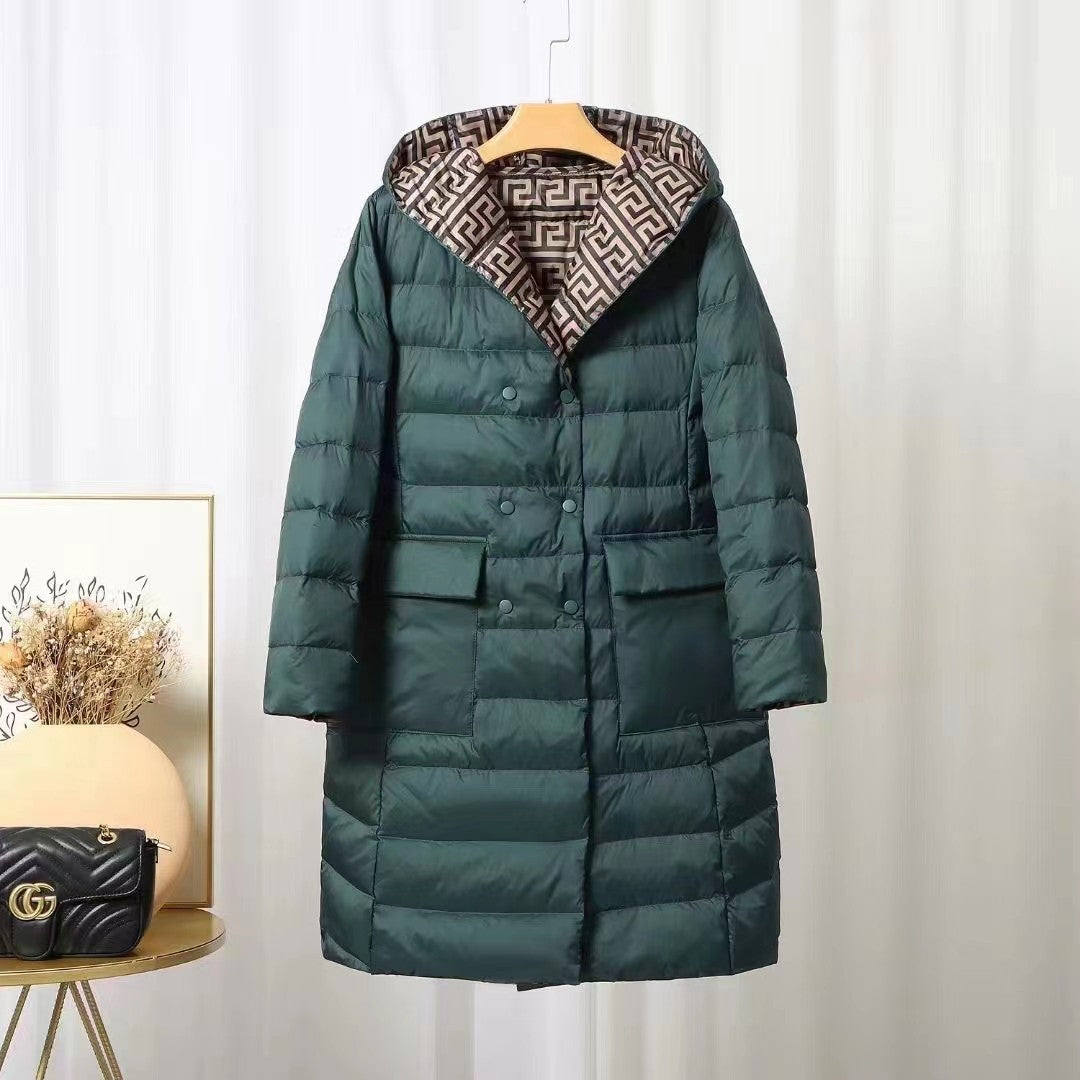 Reversible hooded down winter jacket for women