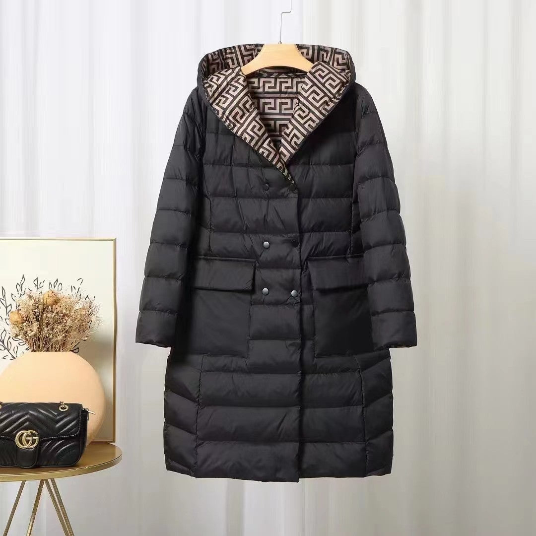 Reversible hooded down winter jacket for women