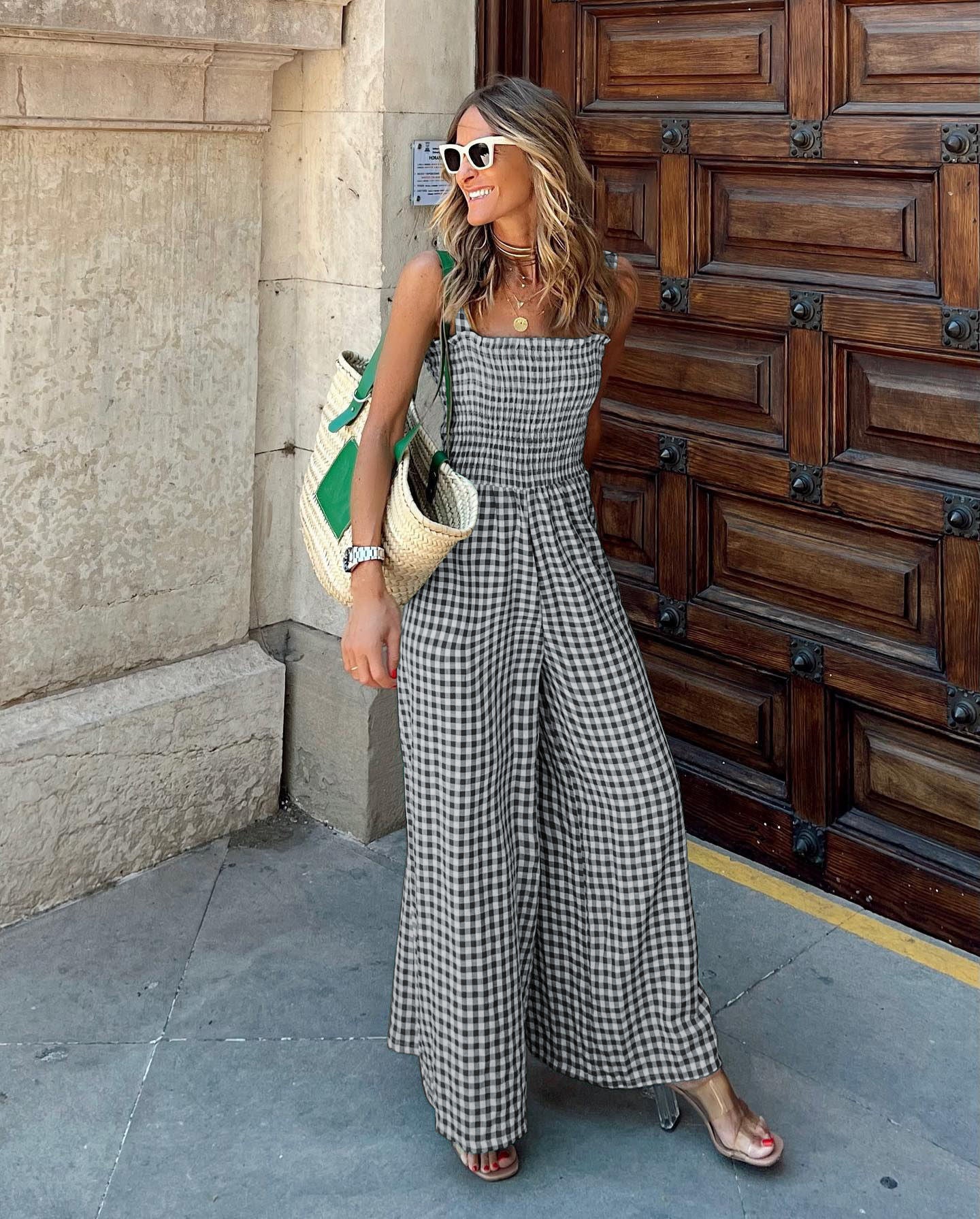 Women's Gingham Jumpsuit - Sleeveless Square Neck - Wide Leg Flowy Fit - Casual Wear