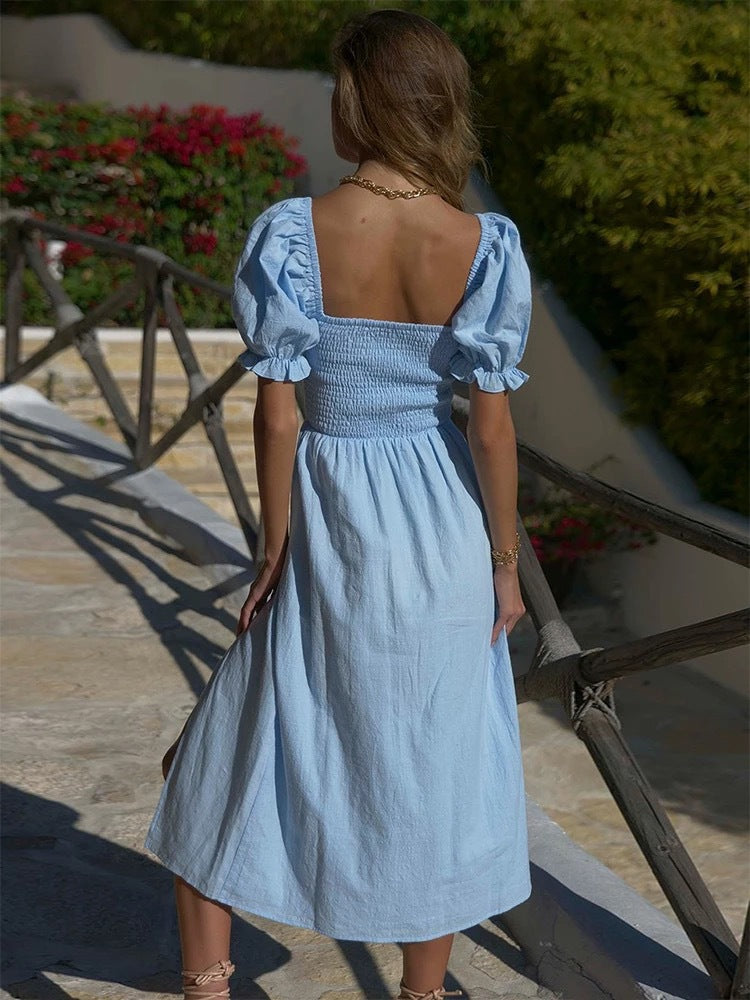 Women’s Off-Shoulder Dress – Smocked Bodice – Puff Sleeves – Side Slit – Elegant Fit