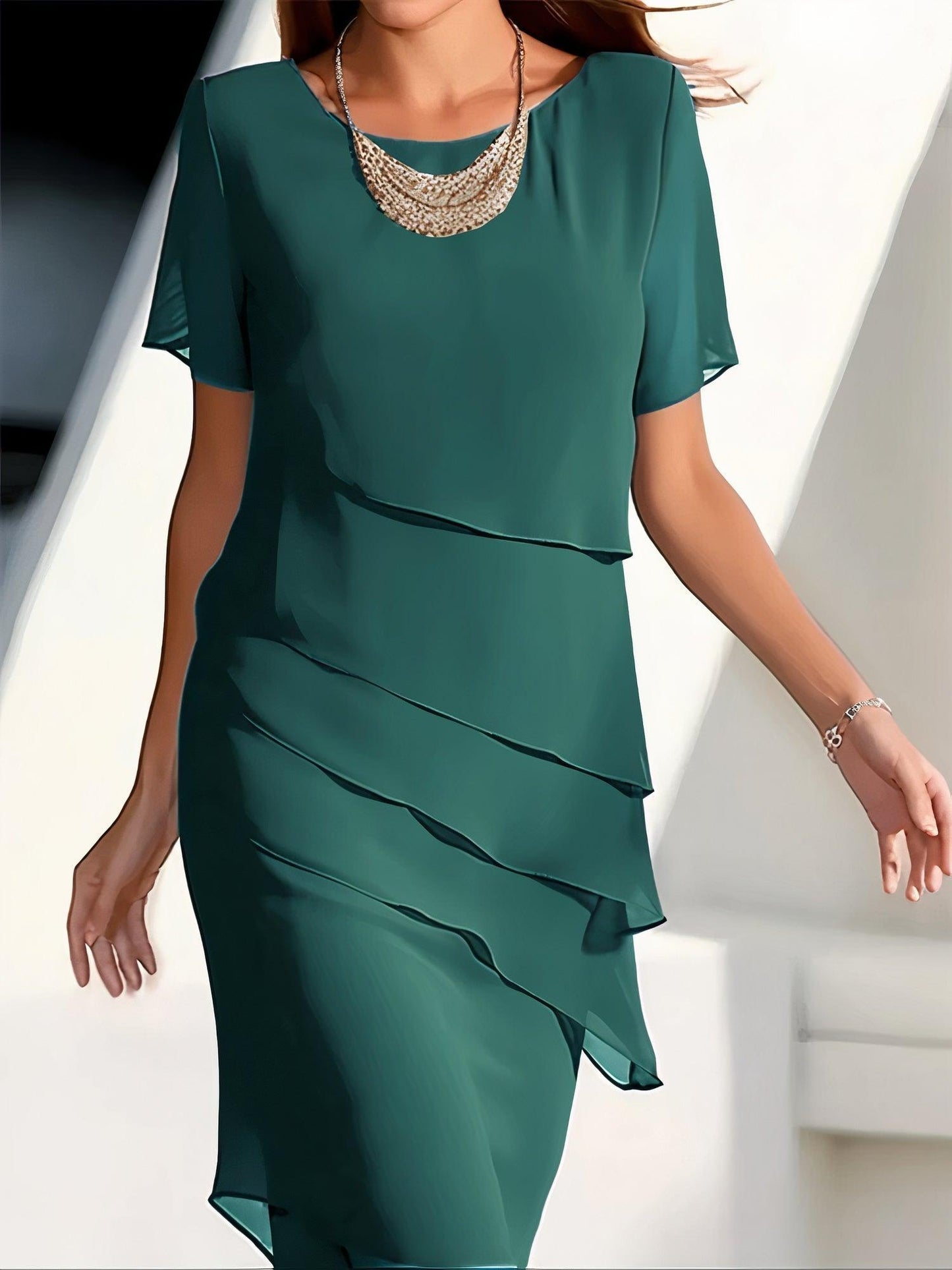 Women’s Midi Dress – Flowy Fit – Layered Tiers – Short Sleeve Formal Wear