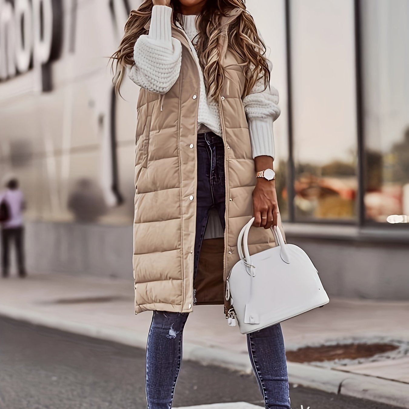 Women's solid color hooded single-breasted mid-length slim cardigan jacket