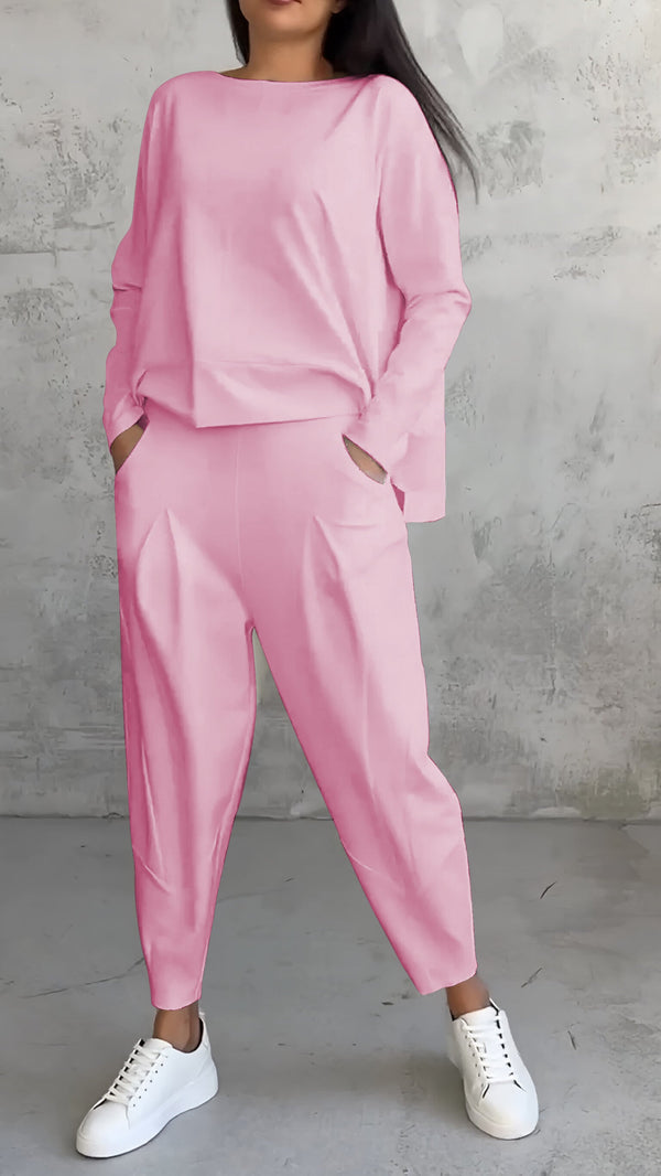 Women's Two-Piece Lounge Set - Loose Fit Long-Sleeve Top & Tapered Pants - Casual Wear