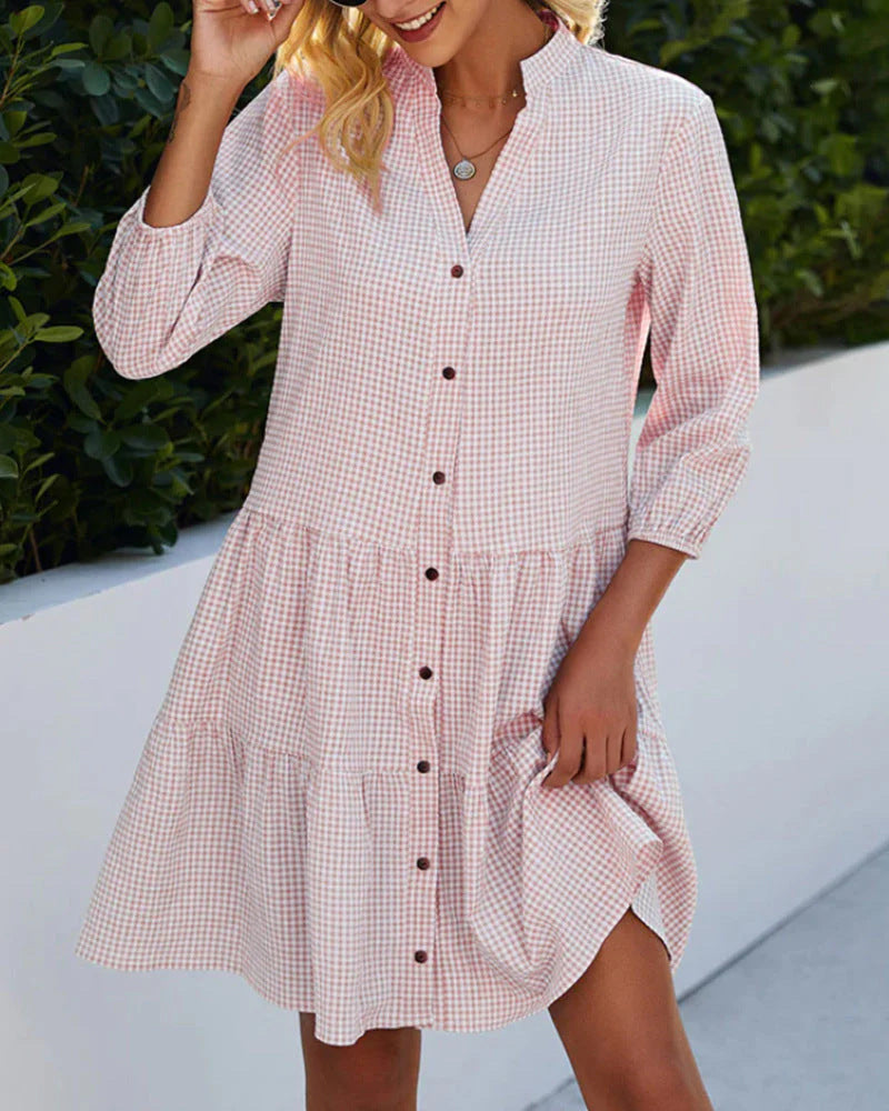 Women's Button-Up Shirt Dress - Gingham Check - A-Line Fit - Three-Quarter Sleeve