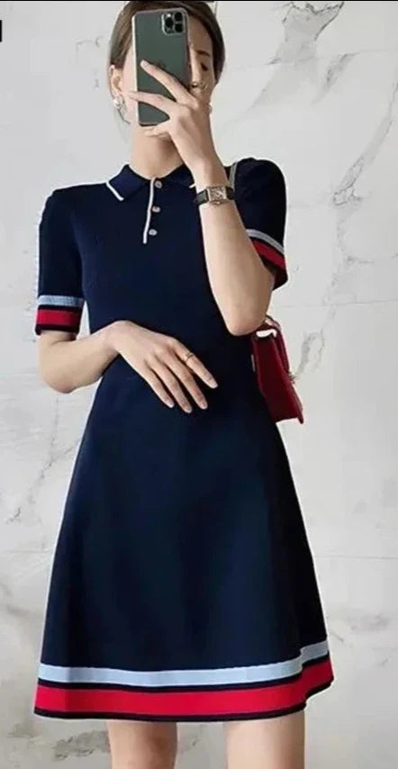 Women's Knit Polo Dress - Ribbed Fabric - Short Sleeve - Button-Up Collar - Fitted Casual Wear