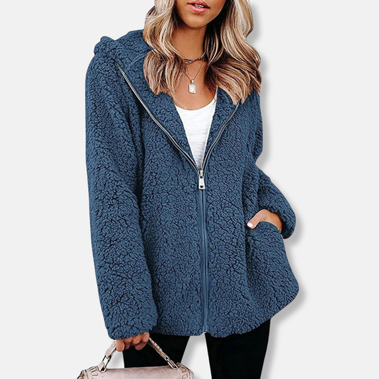Freya Fleece Oversized Coat | Zip Front Hooded Hip-Length Coat