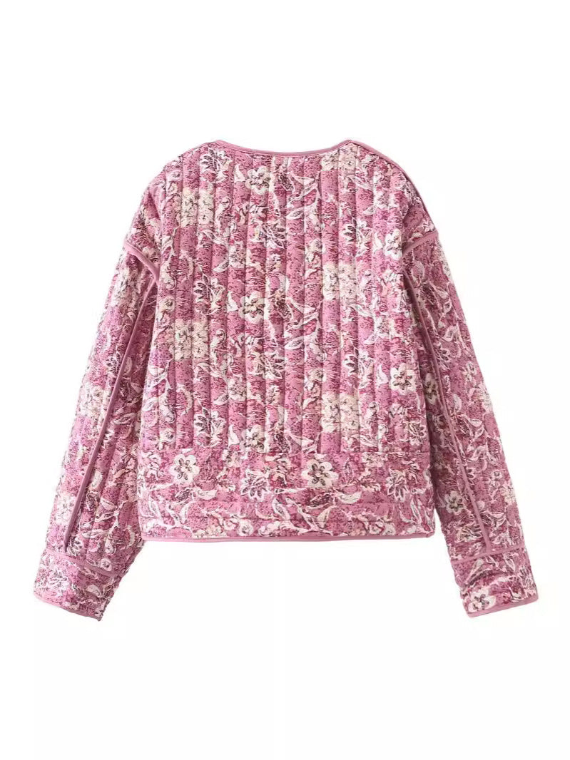 Women’s Quilted Jacket – Relaxed Fit – Hip Length – Round Neck – Floral Pattern