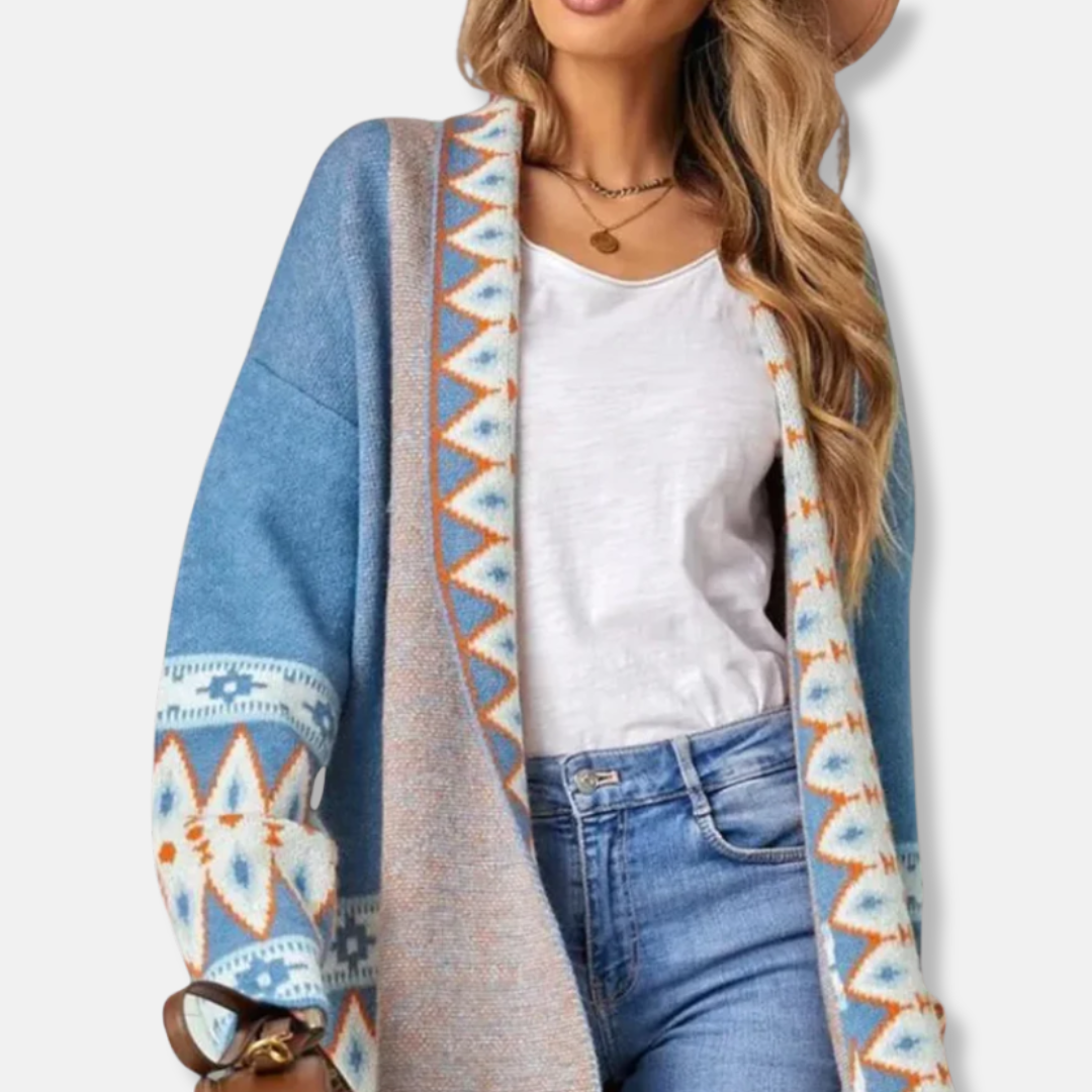 Women’s Cardigan - Knit - Long Sleeve - Geometric Tribal Pattern - Longline
