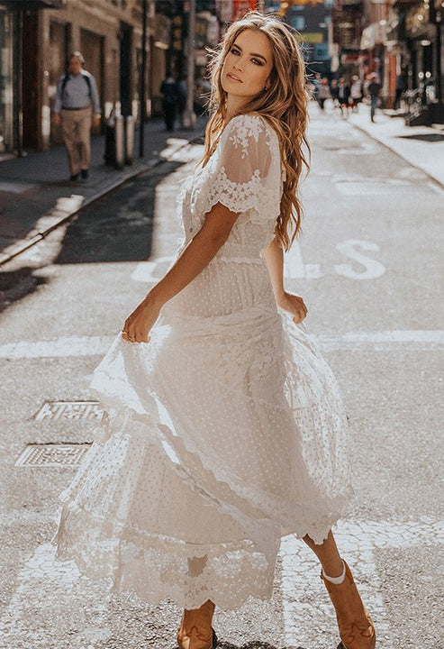 Women's Lace Dress - V-Neck Flutter Sleeve - Button-Down Elegant Flowy Fit