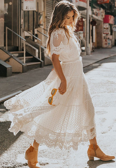 Women's Lace Dress - V-Neck Flutter Sleeve - Button-Down Elegant Flowy Fit