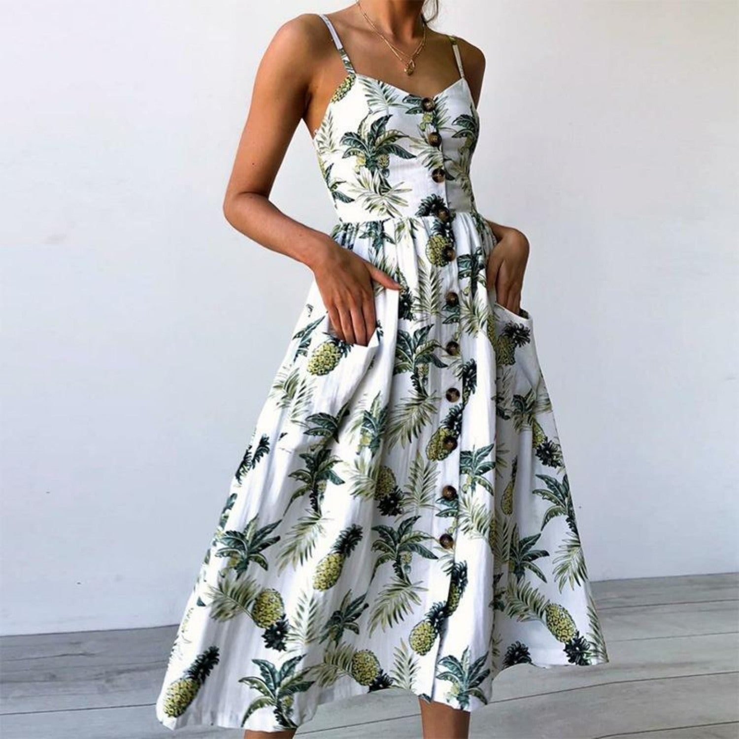 Button-Down A-Line Midi Dress With Straps