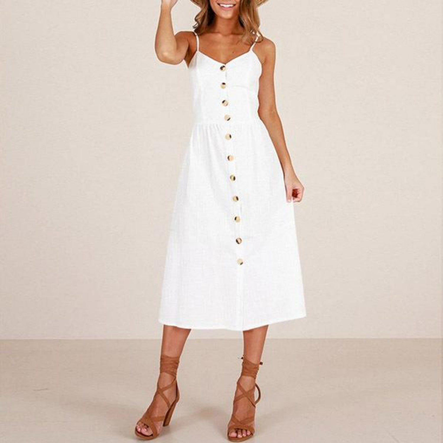 Button-Down A-Line Midi Dress With Straps