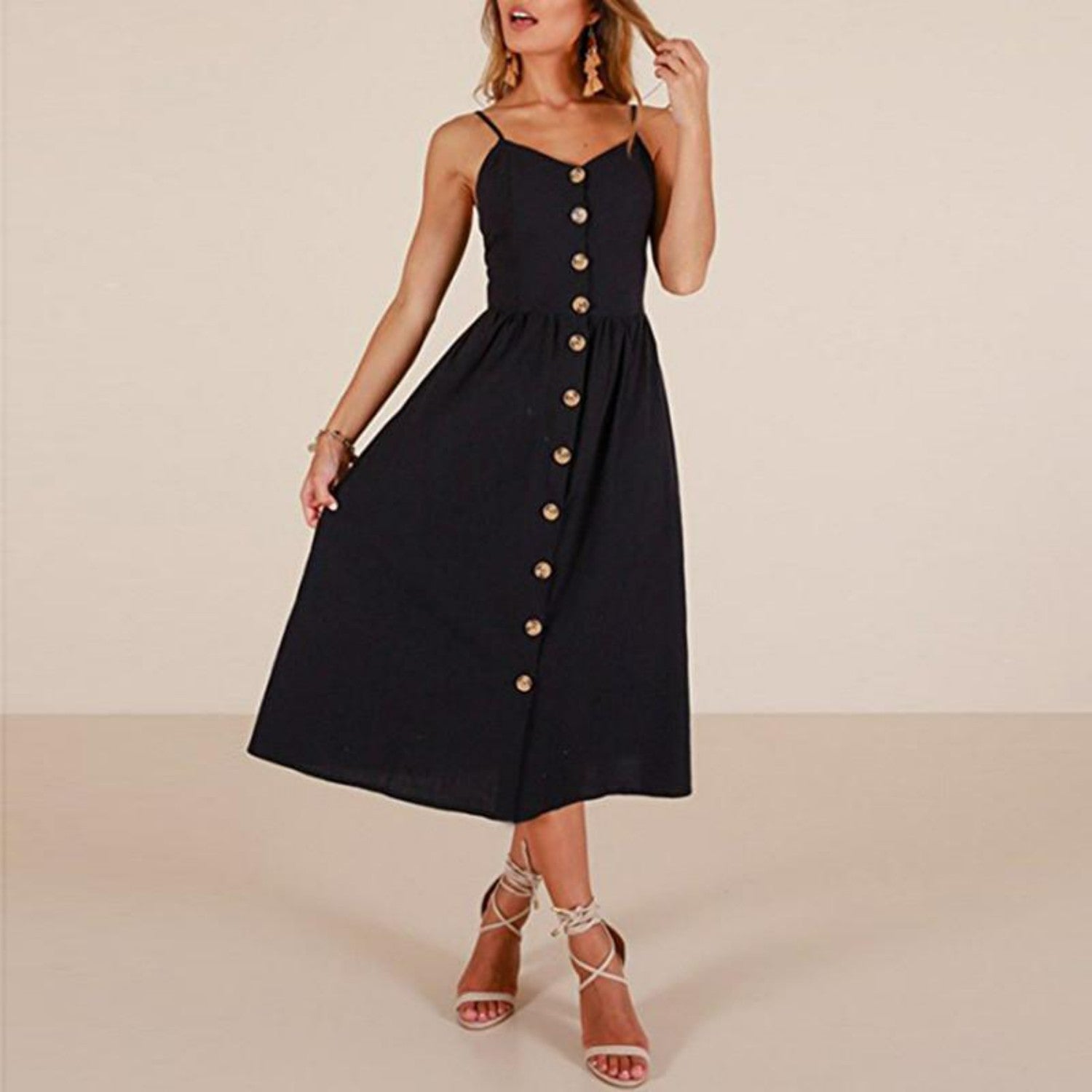 Button-Down A-Line Midi Dress With Straps