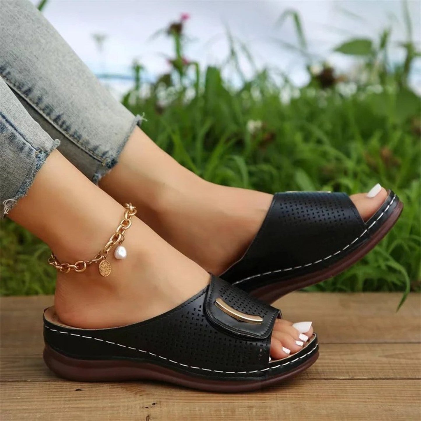 Women's Slip-On Sandals - Open Toe - Perforated Breathable Design - Cushioned Sole