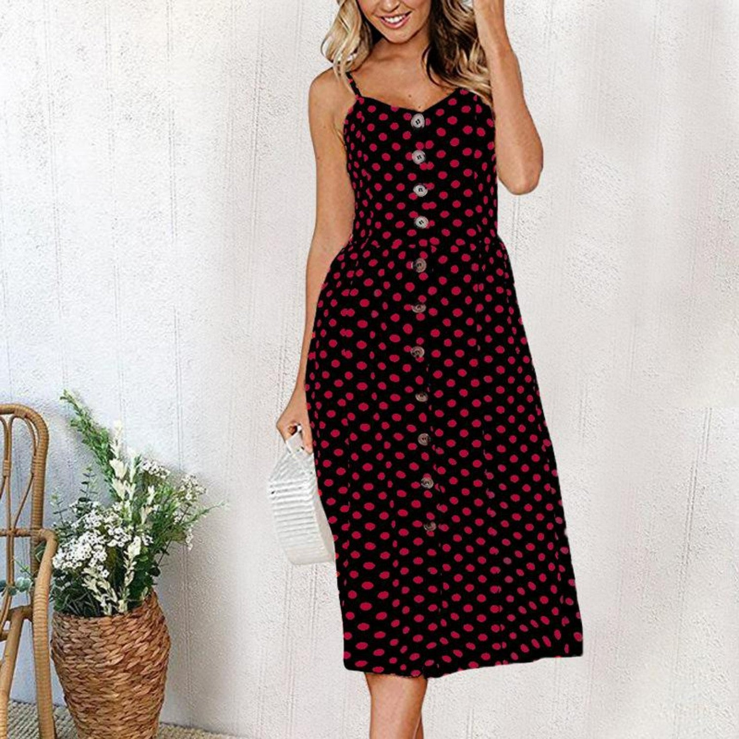 Button-Down A-Line Midi Dress With Straps