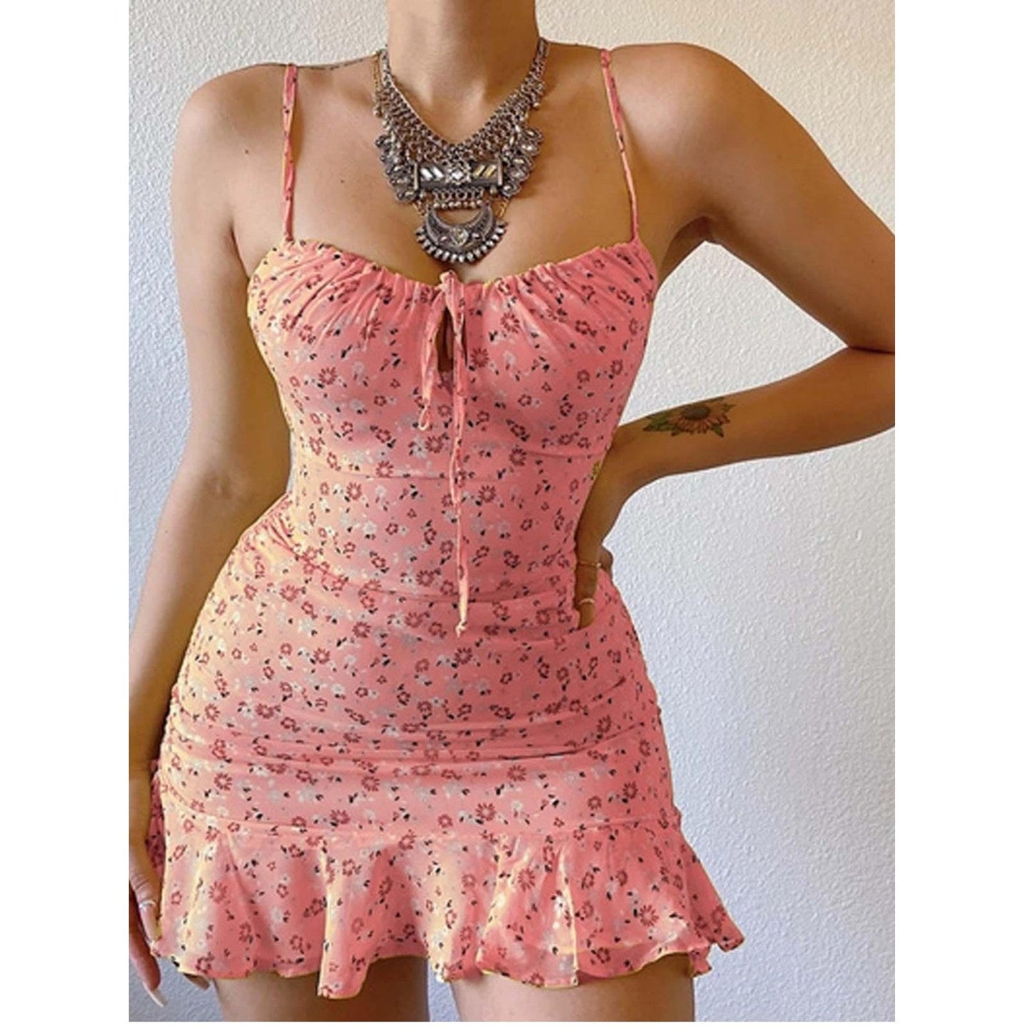 Women's Mini Dress - Floral Print - Spaghetti Straps - Ruched Tie Front - Ruffle Hem