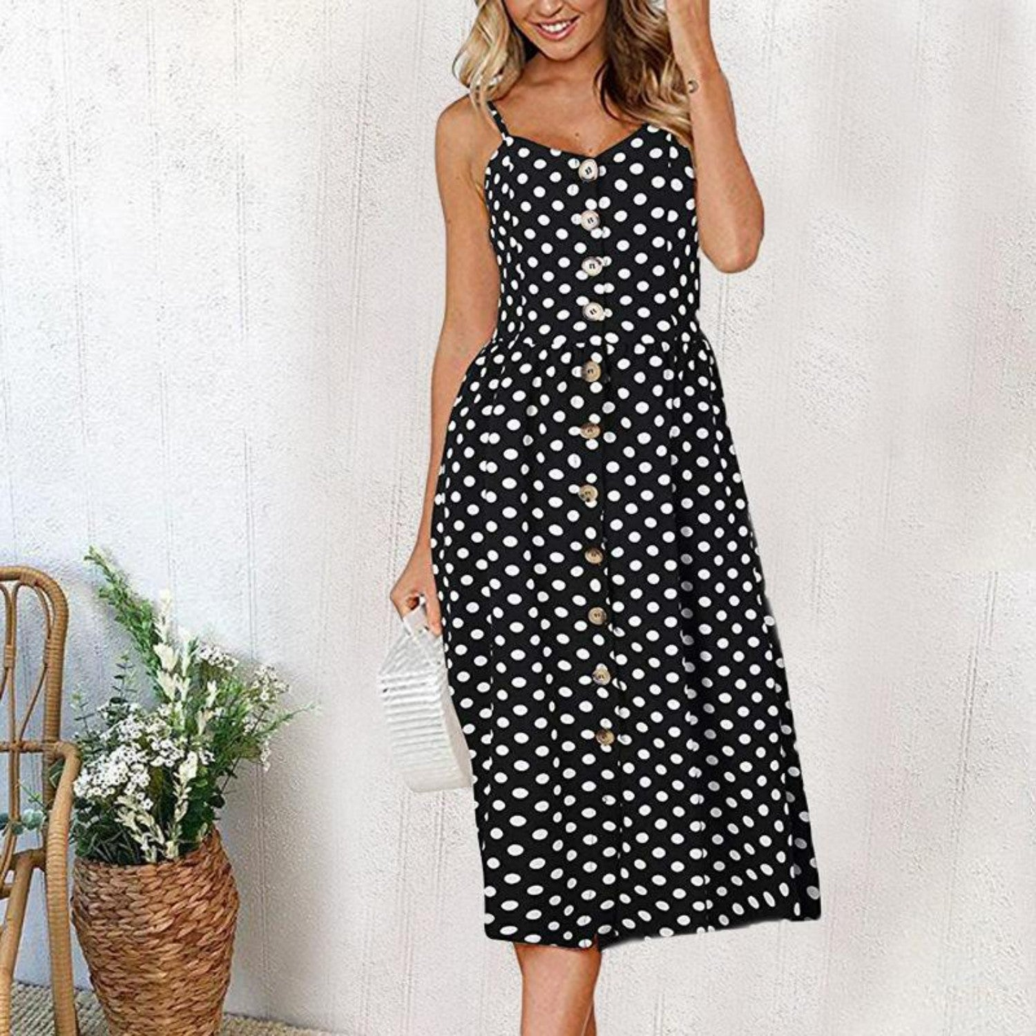 Button-Down A-Line Midi Dress With Straps