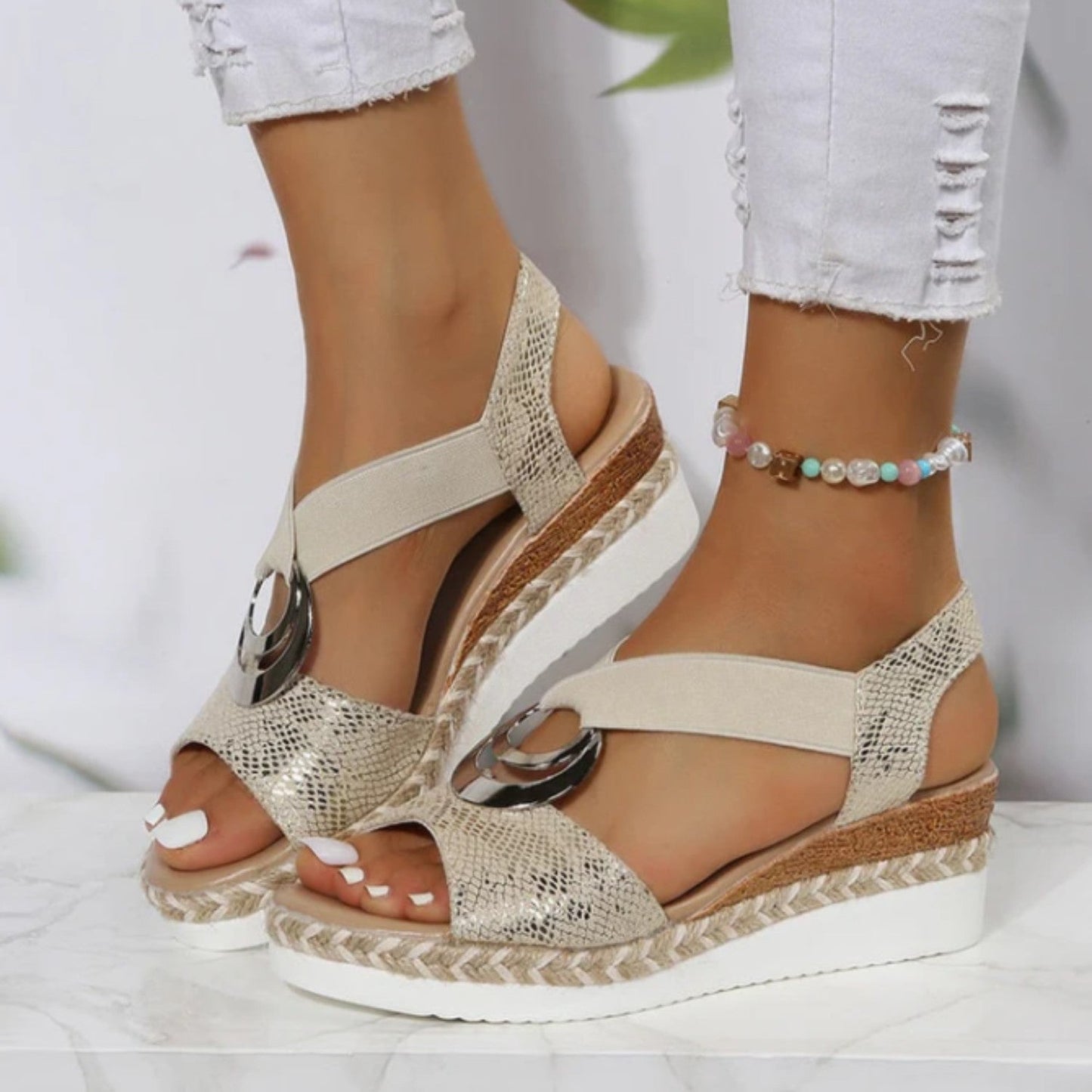 Women's Wedge Sandals – Espadrille Sole – Snakeskin Texture – Ankle Strap – Metallic Accent
