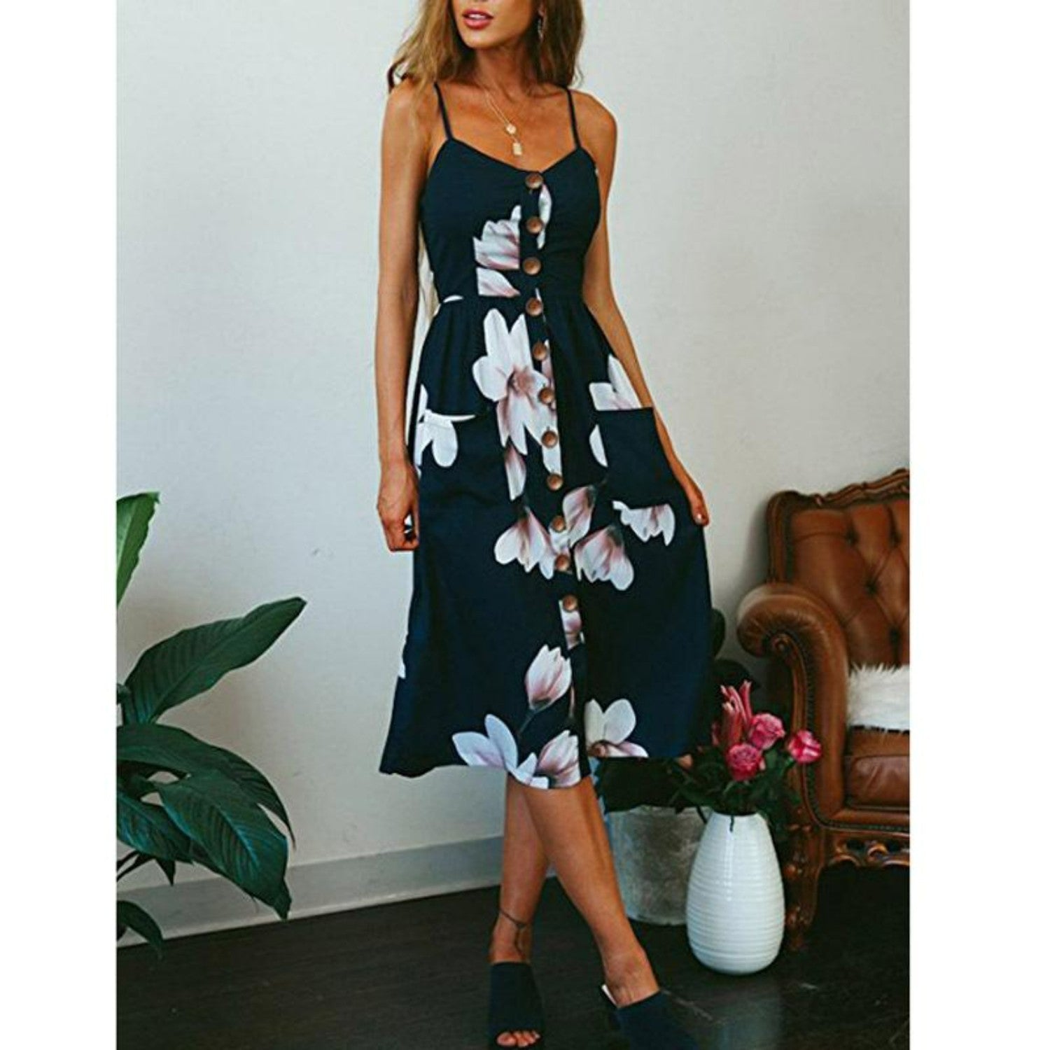 Button-Down A-Line Midi Dress With Straps
