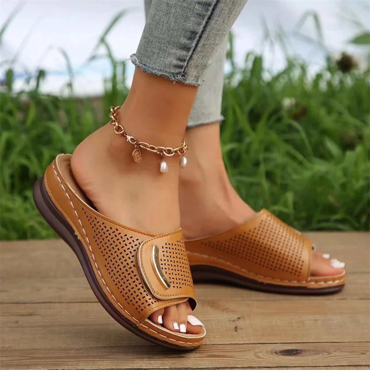 Women's Slip-On Sandals - Open Toe - Perforated Breathable Design - Cushioned Sole
