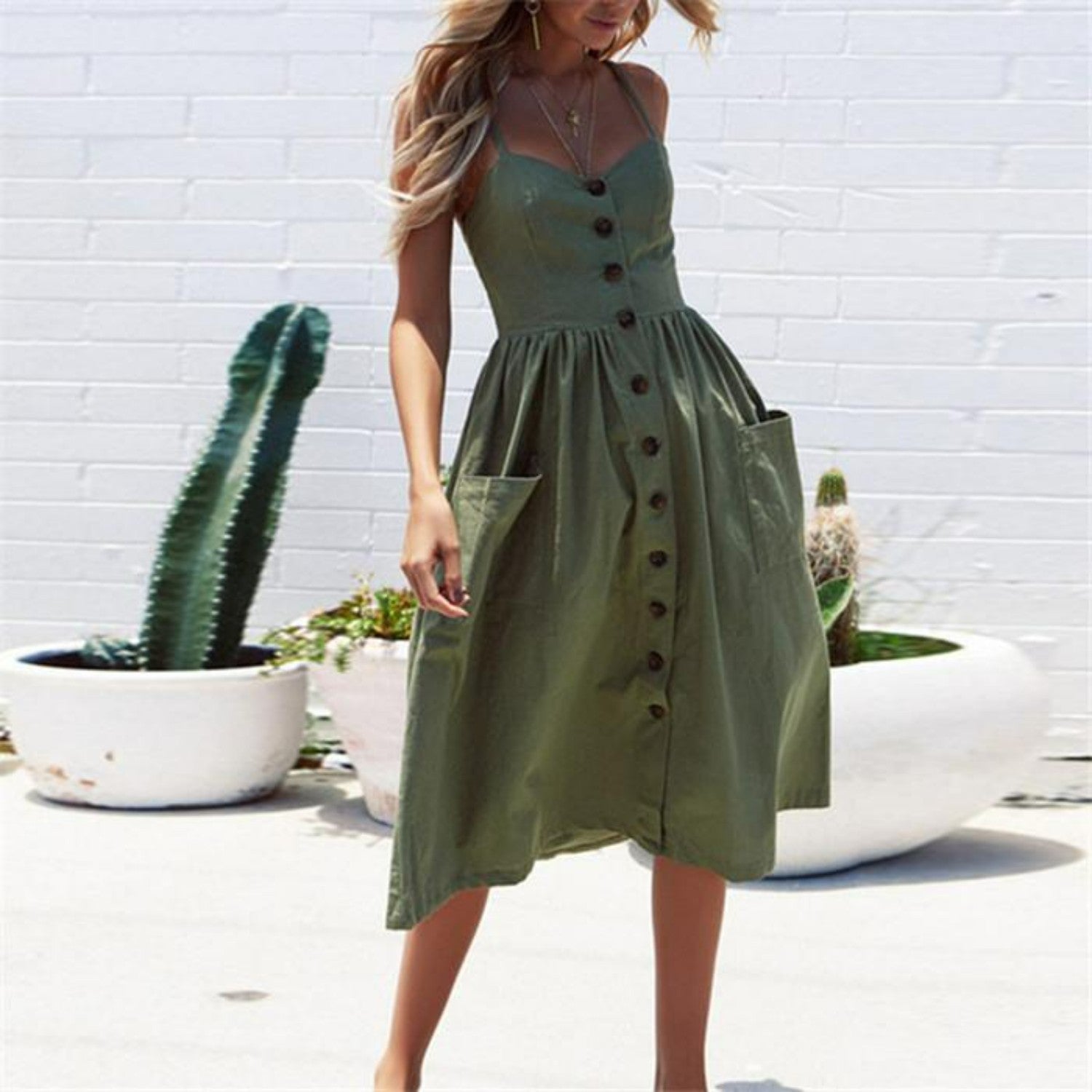 Button-Down A-Line Midi Dress With Straps