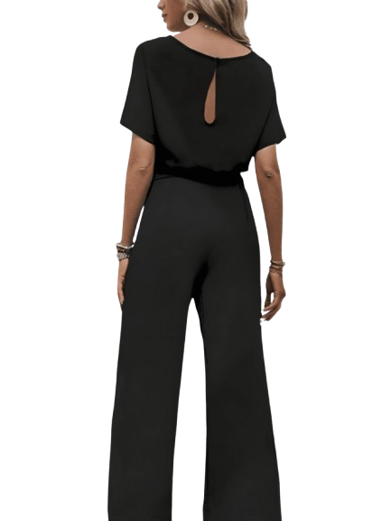 Women's Jumpsuit - Bateau Neck - Short Loose Sleeves - Wide-Leg - Belted Waist
